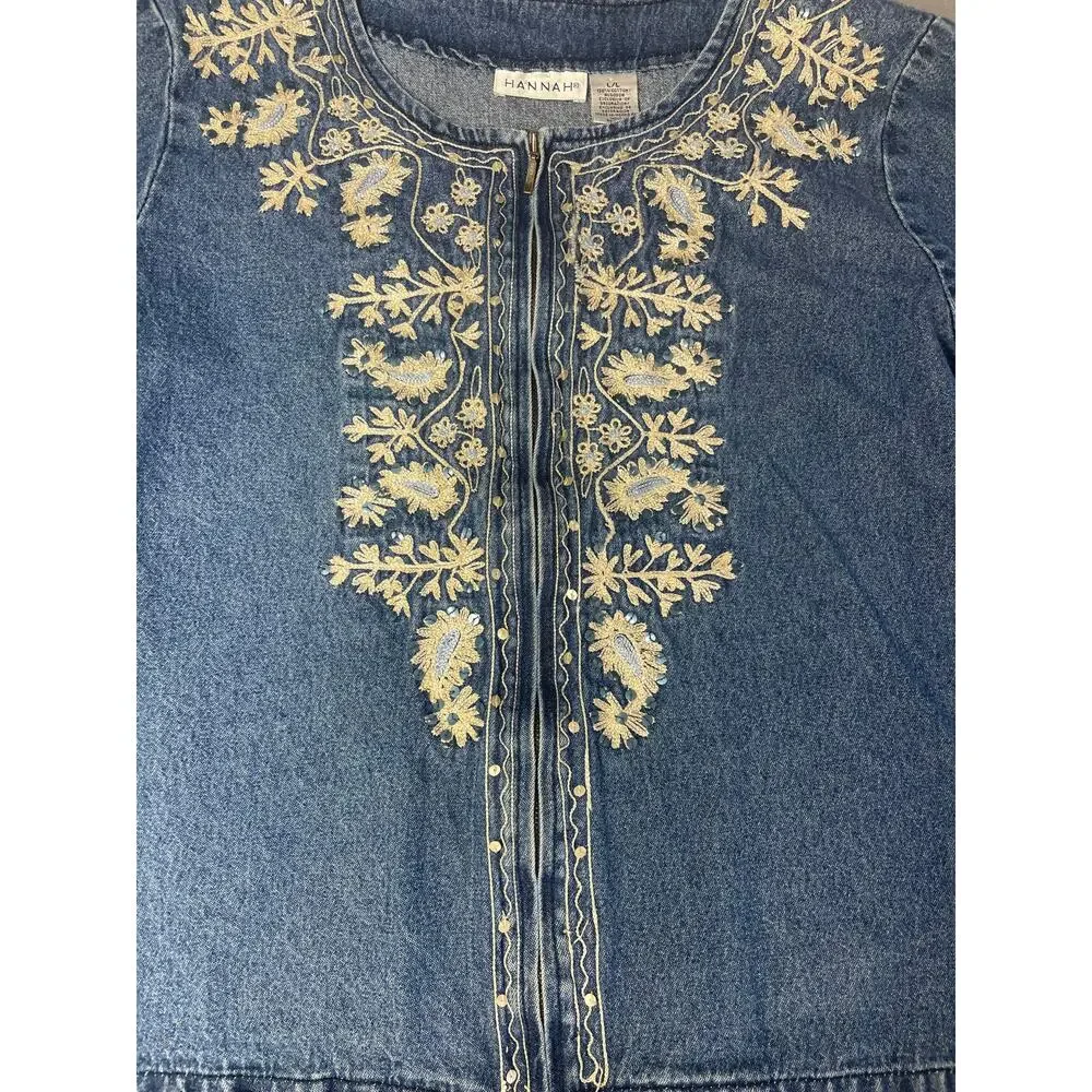 Hannah Boho Floral Embroidered Sequin‎ Zip Up Lightweight Denim Jacket SZ LG